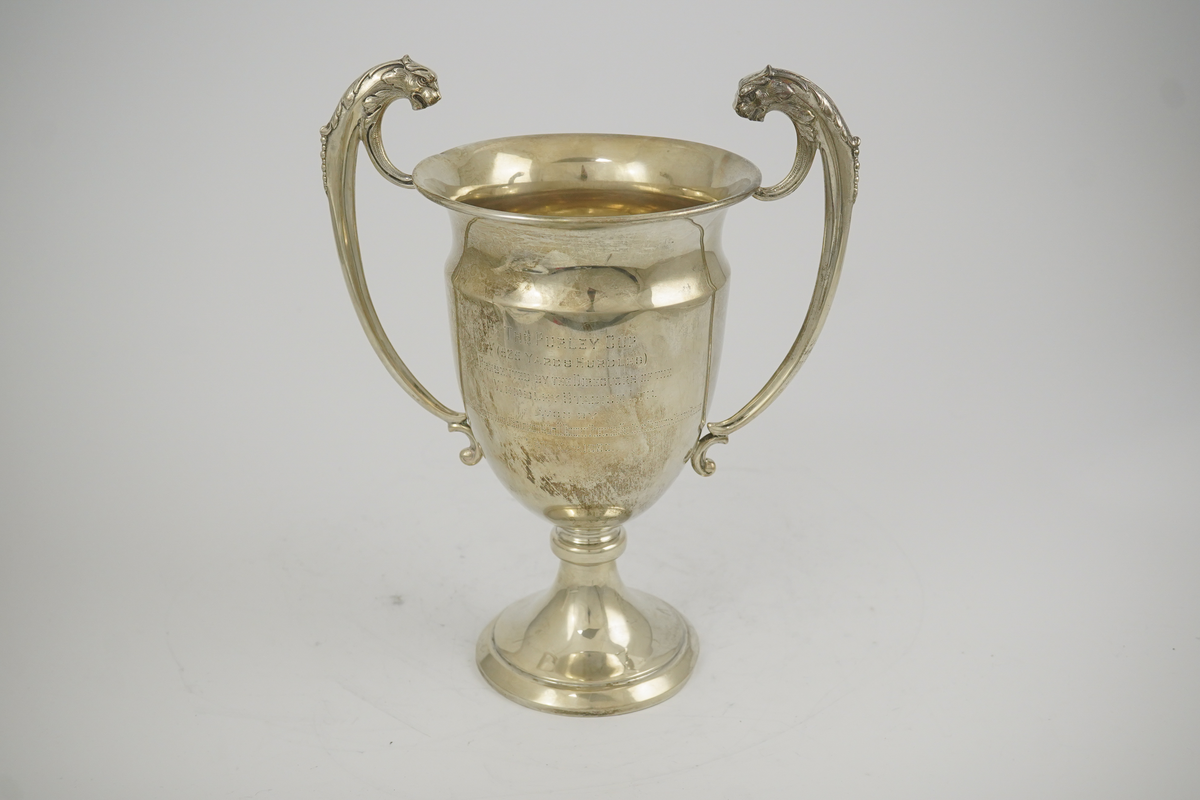 A George V silver two handled presentation greyhound trophy cup, 'The Purley Cup', by Blackmore & Fletcher Ltd